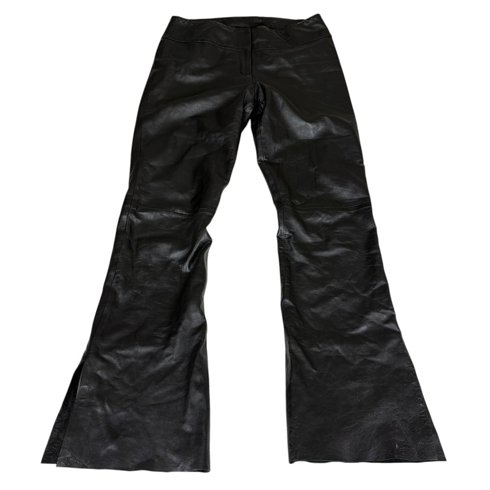 Cache Black 100% Leather Flare Pants Whipstitch Waist Size 8 Mid Rise Edgy Y2K